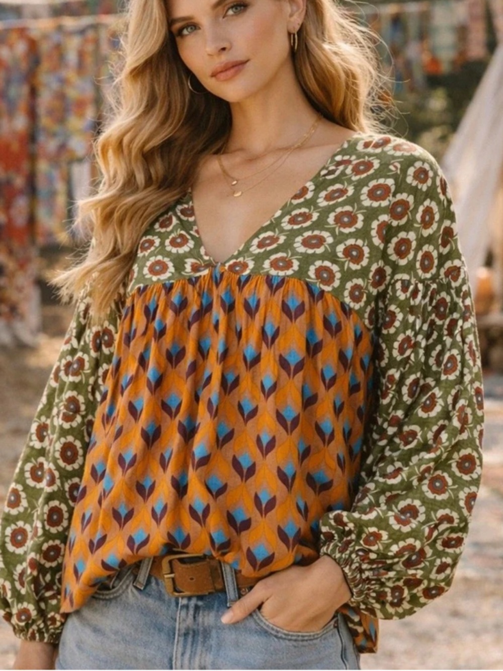 Bucket List Boho Floral Patchwork Peasant Blouse women Green Orange Artsy L